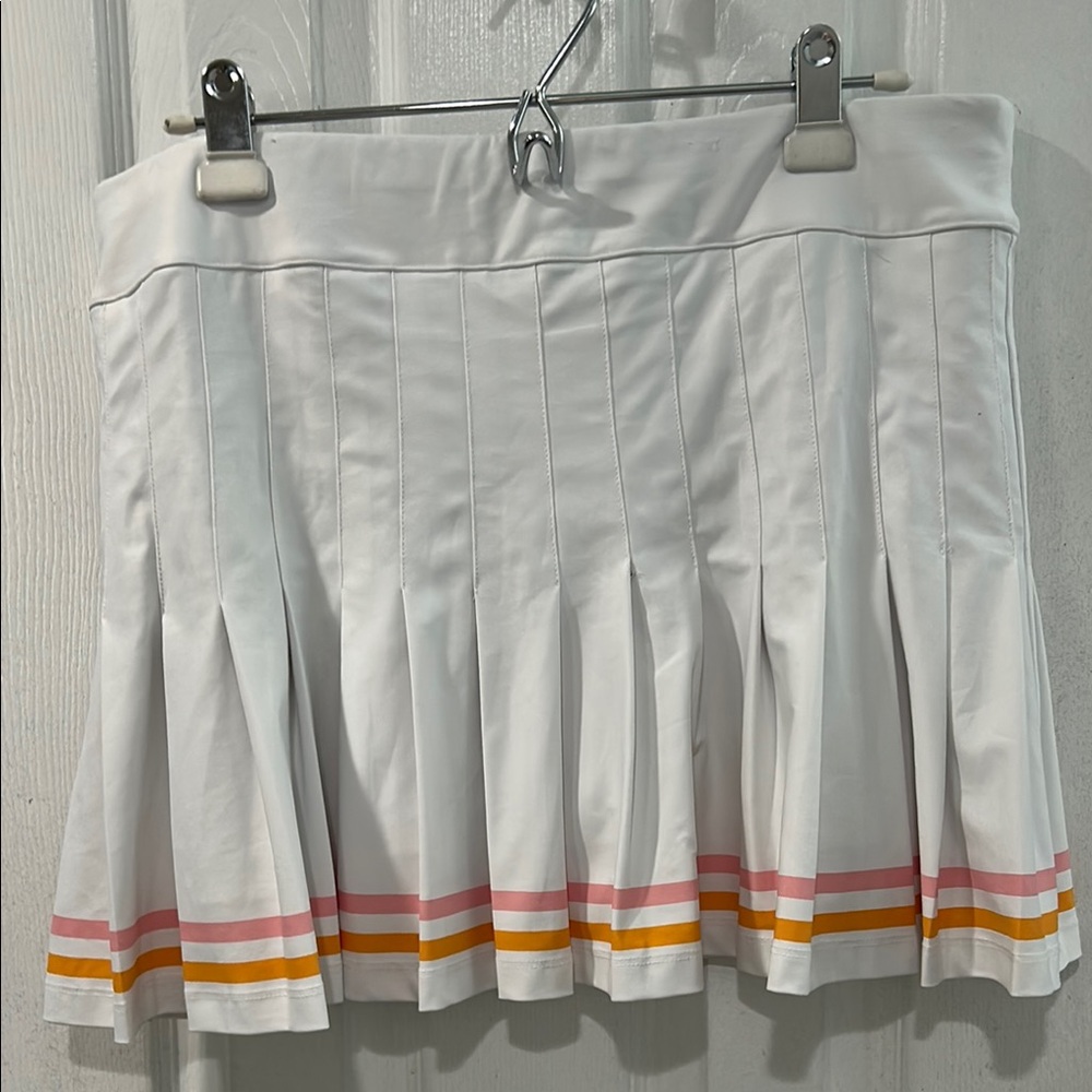 White Pleated Skirt with Pink and Orange Stripes